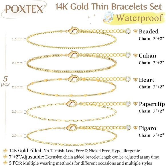 Gold-Style 08 Dainty Stack Beaded, Heart,Rope Bracelets Jewelry Gifts for Women - Picture 5 of 8